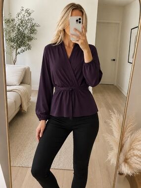 Design Lab Burgundy Faux Wrap Peplum Blouse XS